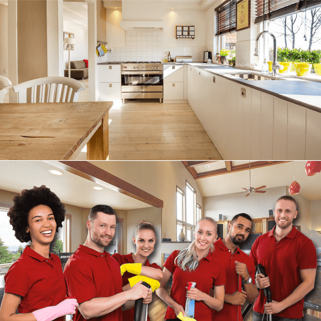 Team of cleaners with cleaning house